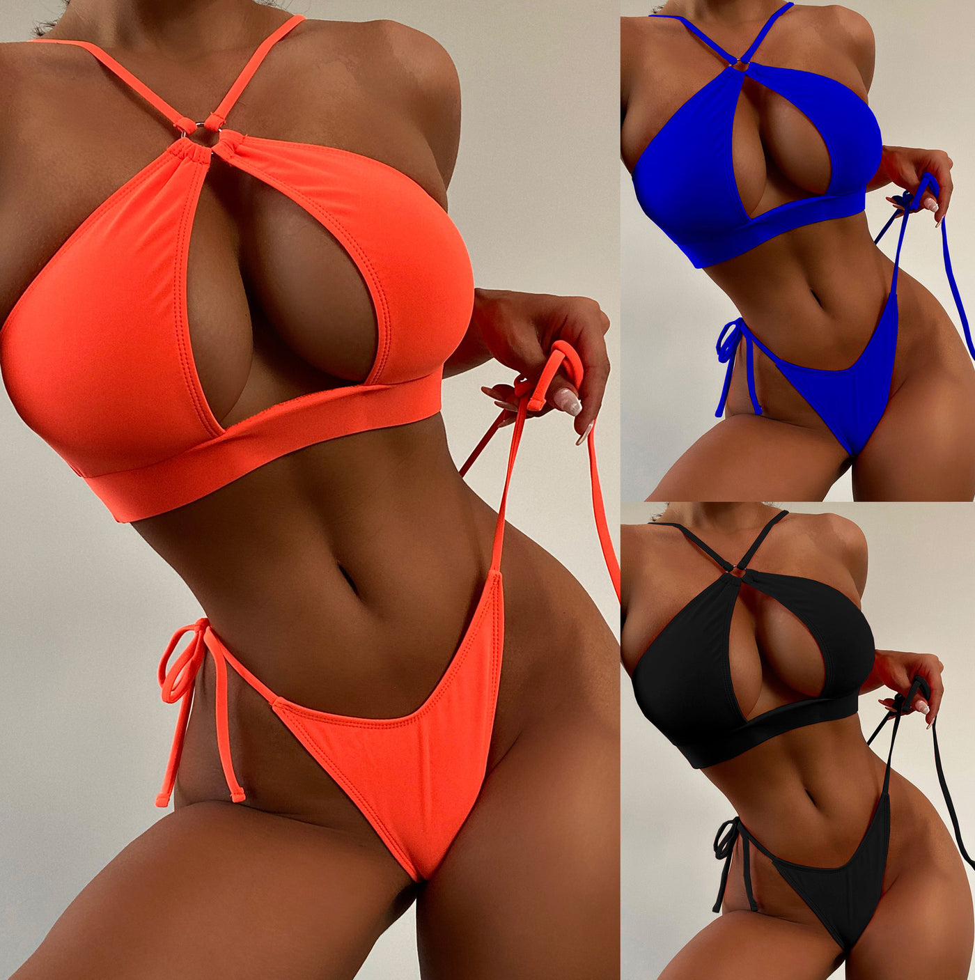 Ladies Solid Color Cutout Split Swimsuit Sexy Bikini