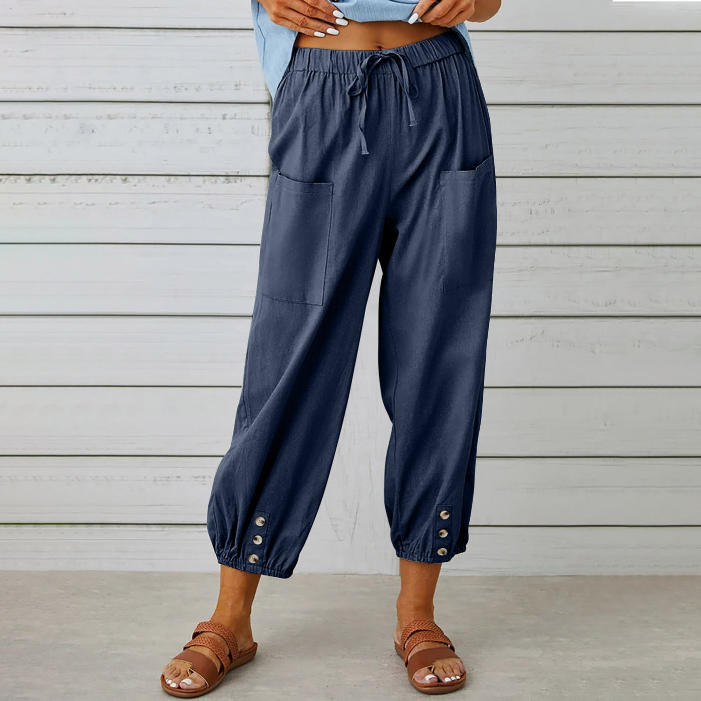 Women Drawstring Tie Pants Cotton And Linen Trousers With Pockets Button