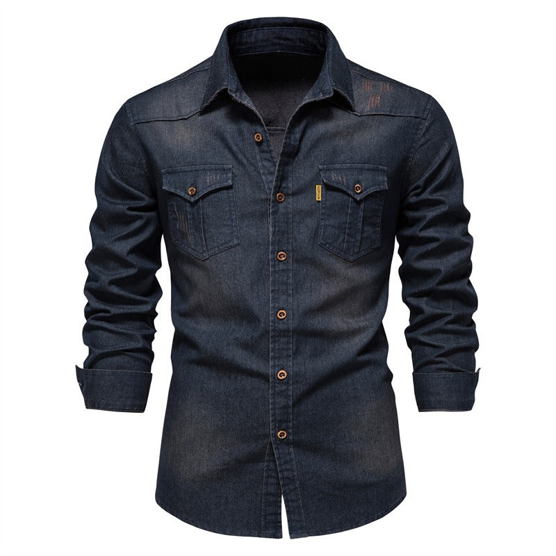 Trendy New Denim Iron Free Shirt Casual Solid Color Iron Long Sleeve Shirt