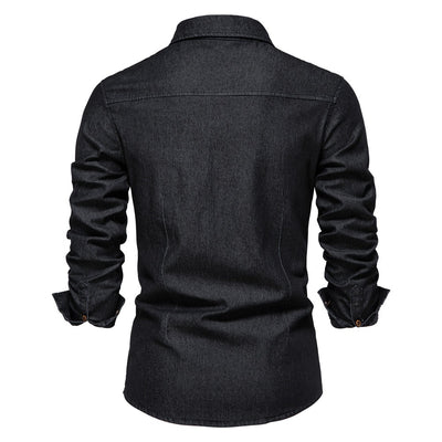 Trendy New Denim Iron Free Shirt Casual Solid Color Iron Long Sleeve Shirt