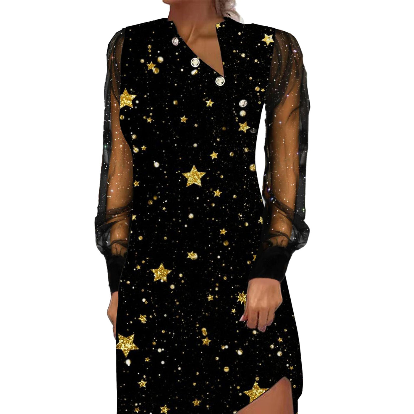 New Button Mesh Splicing Digital Printing Long Sleeve Dress