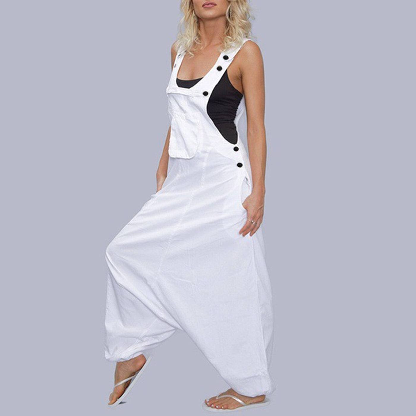 Loose Jumpsuits Harem Pants Wide Leg Pants Sleeveless Pockets