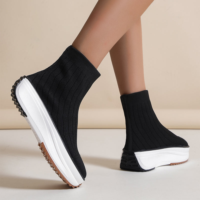 Elevate Comfort and Style: Women's Knitted Thick-Soled Ankle Boots with Casual, Breathable, and Solid Color Design