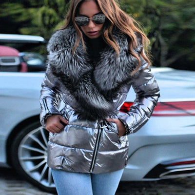 Cotton Jacket with Big Fur Turndown Collar – Silver Black Lace-Up Coat