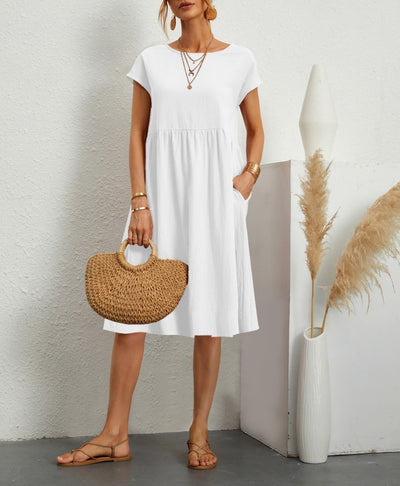 Cotton Linen Round Neck A-Line Dress