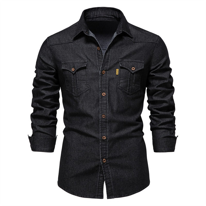 Trendy New Denim Iron Free Shirt Casual Solid Color Iron Long Sleeve Shirt