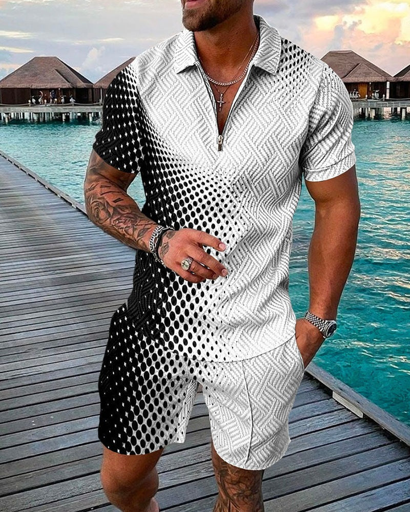 Fashion Casual Suit 3D Print Zip Short Sleeve Polo Shirt Shorts 2 Piece Set