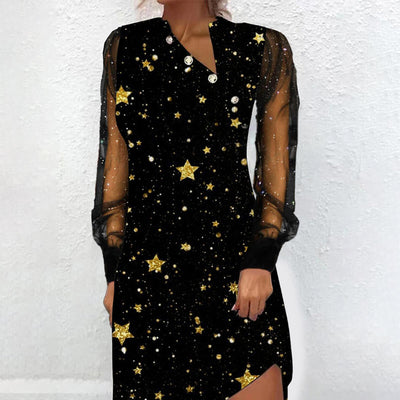 New Button Mesh Splicing Digital Printing Long Sleeve Dress