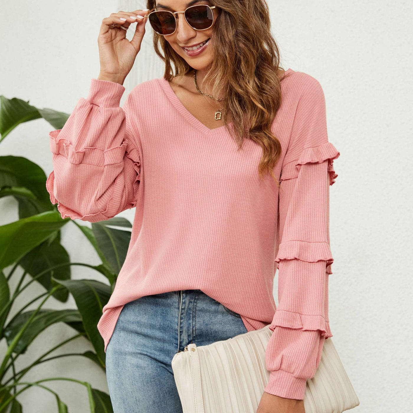 New Women's Waffle V-Neck Ruffled Lantern Sleeve Top