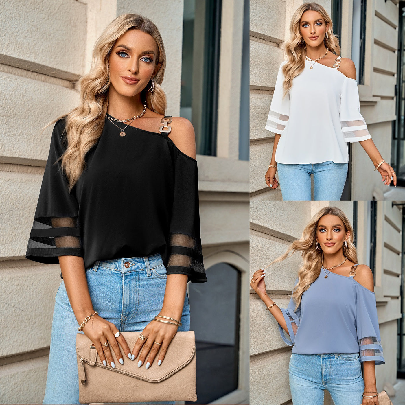 Casual Solid Metal Button One Shoulder Blouse