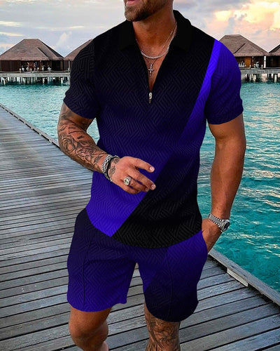 Fashion Casual Suit 3D Print Zip Short Sleeve Polo Shirt Shorts 2 Piece Set