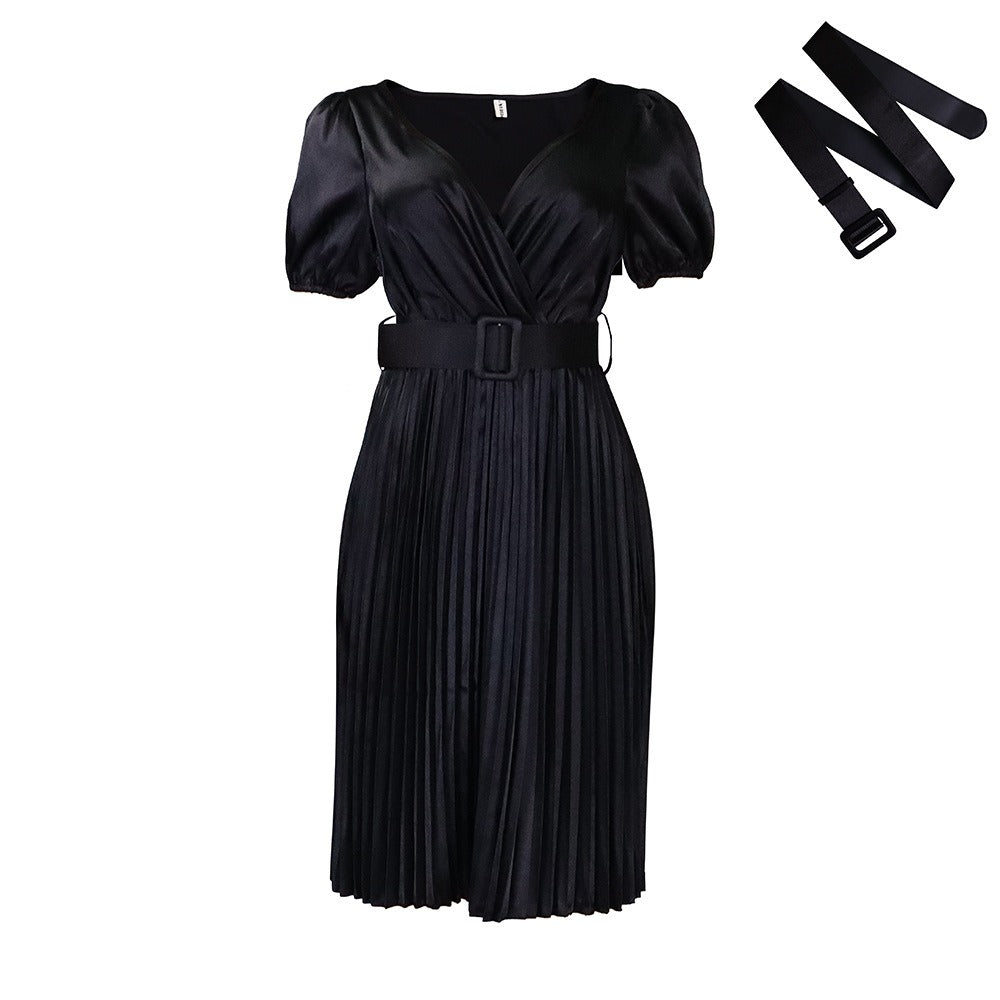 Equipped with belt V-neck sexy pleated large foreign trade dress