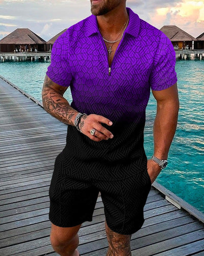 Fashion Casual Suit 3D Print Zip Short Sleeve Polo Shirt Shorts 2 Piece Set