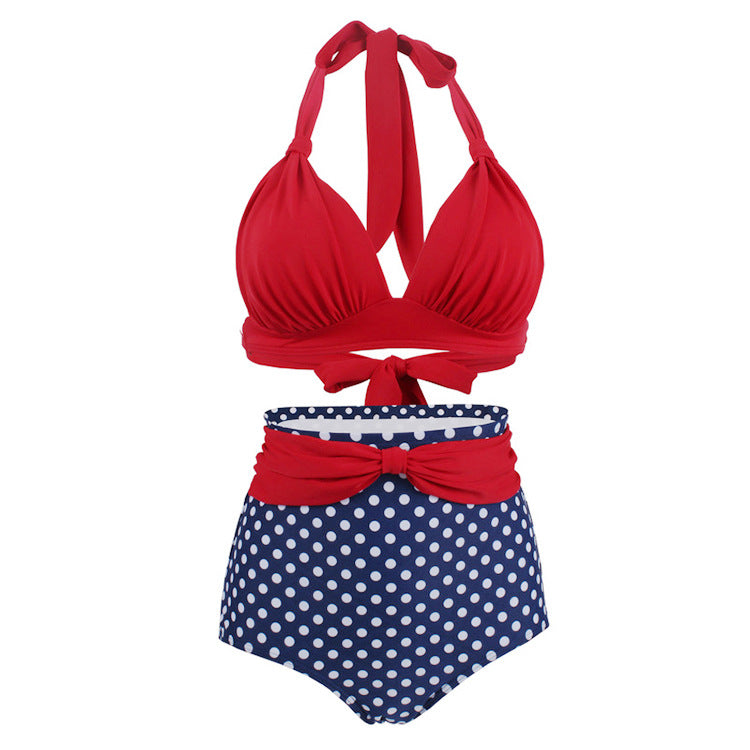 Polka Dot Large Size High Waist Bandage Split Women's Sexy No Steel Rings Swimsuit