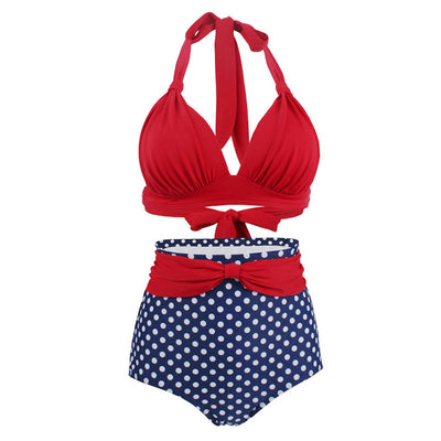 Polka Dot Large Size High Waist Bandage Split Women's Sexy No Steel Rings Swimsuit