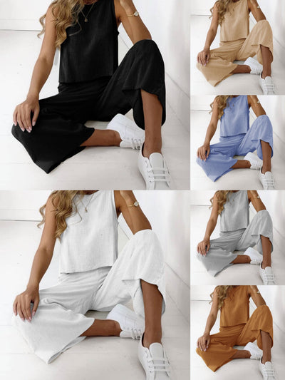 New Cotton Linen Casual Fashion Sleeveless Top Wide Leg Pants Two-Piece Set