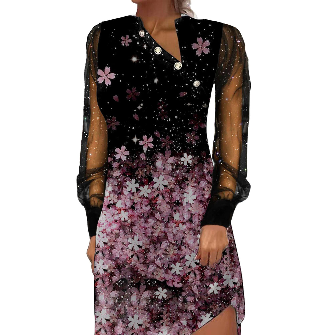 New Button Mesh Splicing Digital Printing Long Sleeve Dress