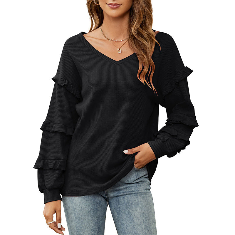 New Women's Waffle V-Neck Ruffled Lantern Sleeve Top