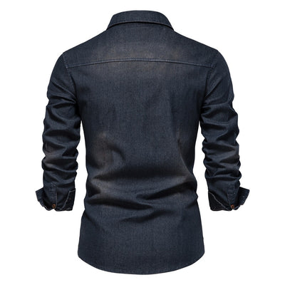 Trendy New Denim Iron Free Shirt Casual Solid Color Iron Long Sleeve Shirt