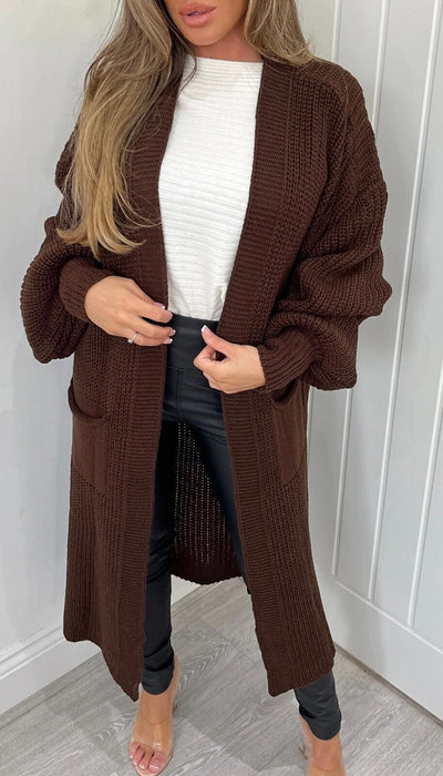 Solid Color Knitwear Pocket Cardigan – Women's Mid-Length Sweater Coat