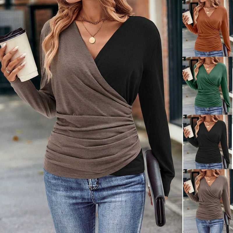 Slim Waist Pleated Collar Top for Ladies