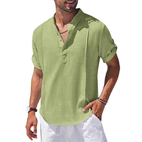 Henley Style Linen Shirt Men Casual Beach Shirt Short Sleeve T-Shirt Summer