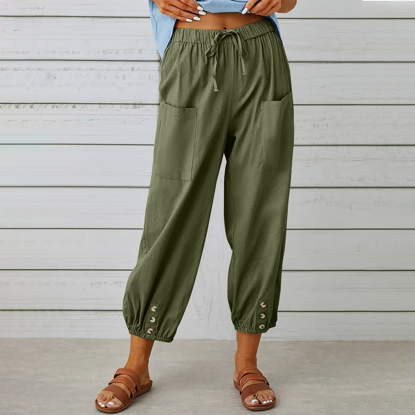 Women Drawstring Tie Pants Cotton And Linen Trousers With Pockets Button