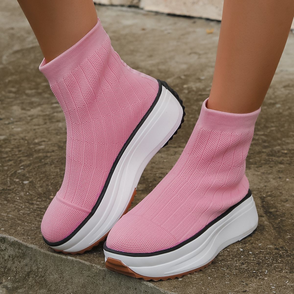 Elevate Comfort and Style: Women's Knitted Thick-Soled Ankle Boots with Casual, Breathable, and Solid Color Design