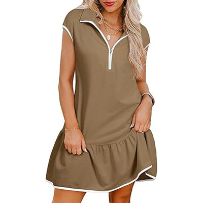 Short Sleeve Polo Collar Zipper Waist Dress