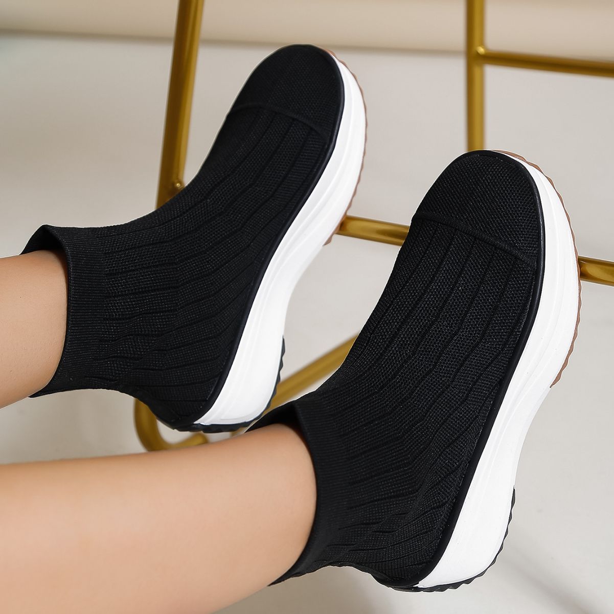 Elevate Comfort and Style: Women's Knitted Thick-Soled Ankle Boots with Casual, Breathable, and Solid Color Design