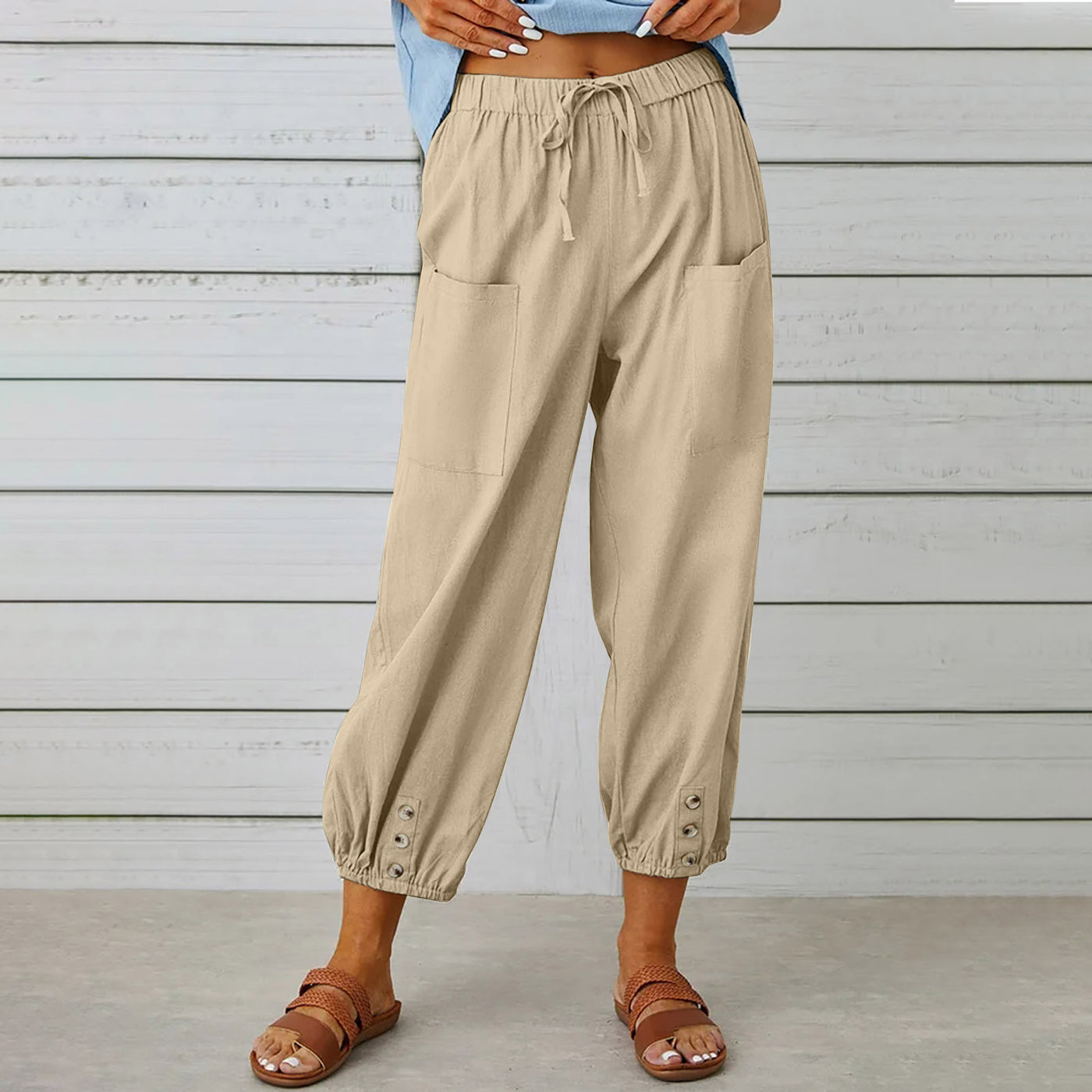 Women Drawstring Tie Pants Cotton And Linen Trousers With Pockets Button