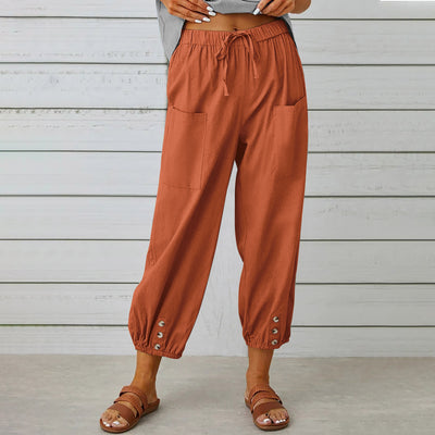 Women Drawstring Tie Pants Cotton And Linen Trousers With Pockets Button