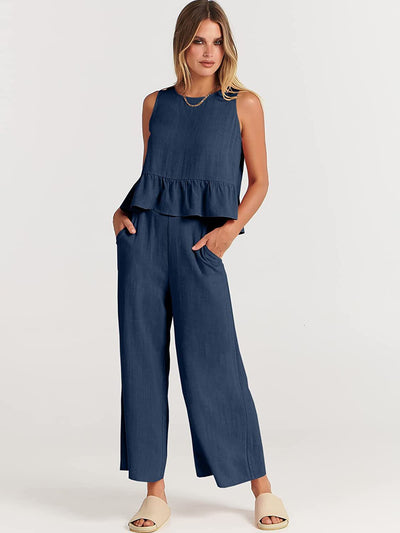 Casual Suit Summer Sleeveless Pleated Vest And Wide-leg Cropped Pants Fashion Two Piece Sets Women