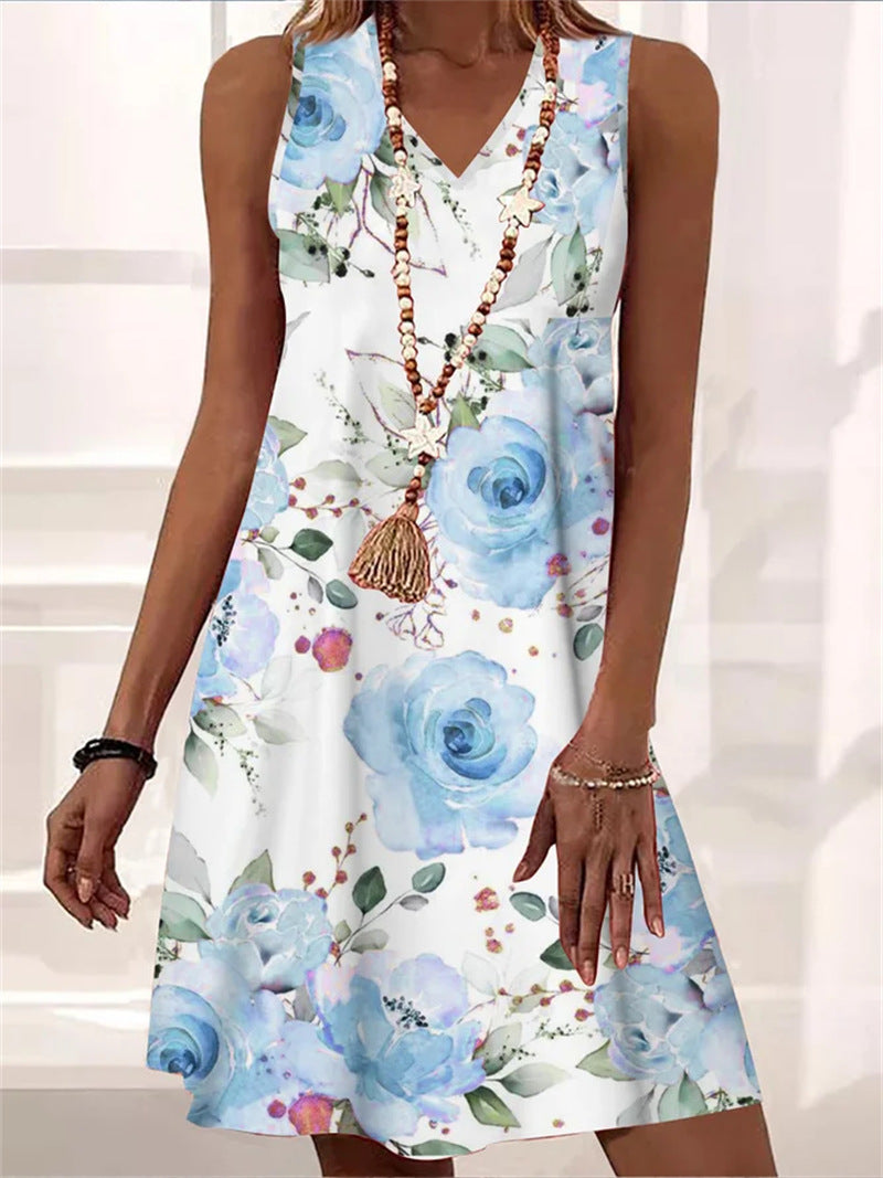 Flowers Printed Dress Summer V-neck Sleeveless Beach Dress For Women