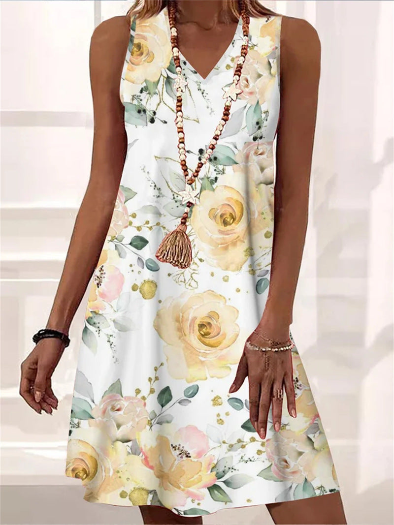 Flowers Printed Dress Summer V-neck Sleeveless Beach Dress For Women