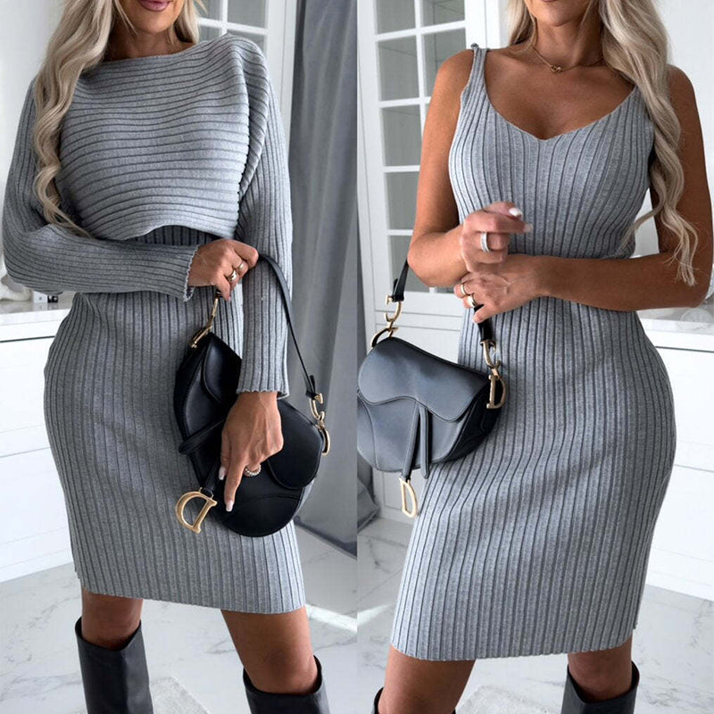 Autumn Elegance: Striped Long-Sleeved Top with Suspender Skirt Suit for Women