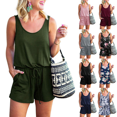 Women Jumpsuit Sleeveless Tank Top Drawstring Tie Shorts