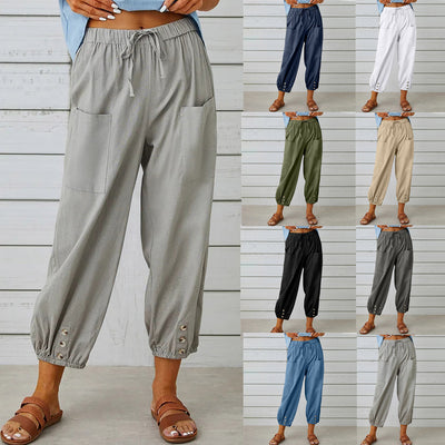 Women Drawstring Tie Pants Cotton And Linen Trousers With Pockets Button