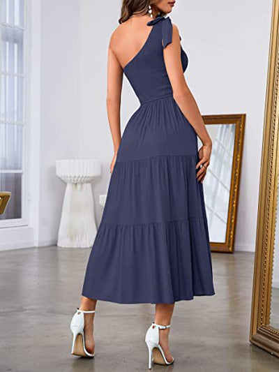 Women's One-shoulder Pleated Layered Hem Split Dress