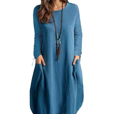 Autumn Cotton and Linen Loose Casual Solid Color Long-Sleeved Dress