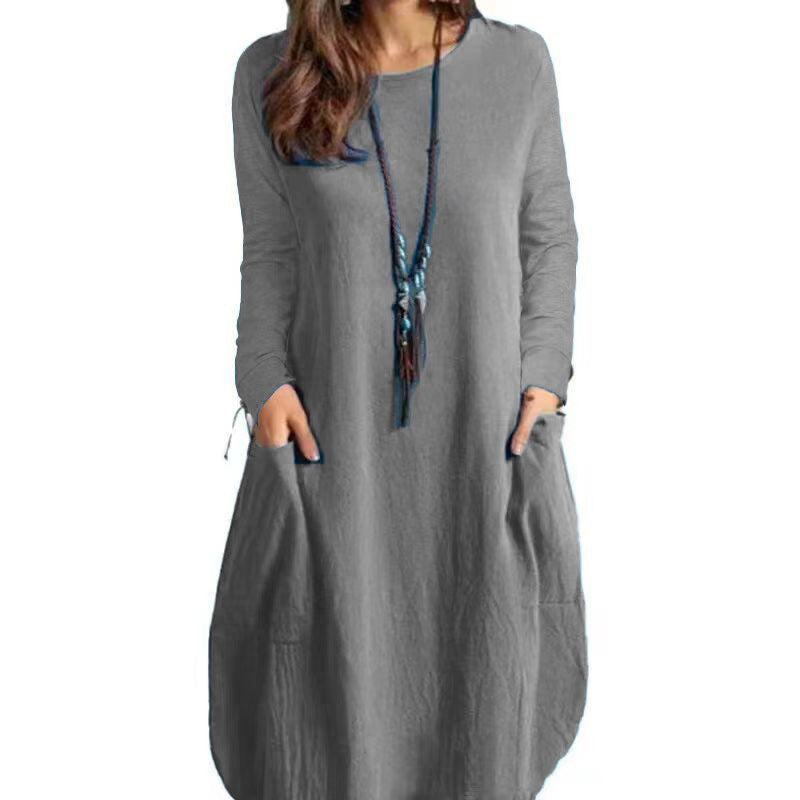 Autumn Cotton and Linen Loose Casual Solid Color Long-Sleeved Dress