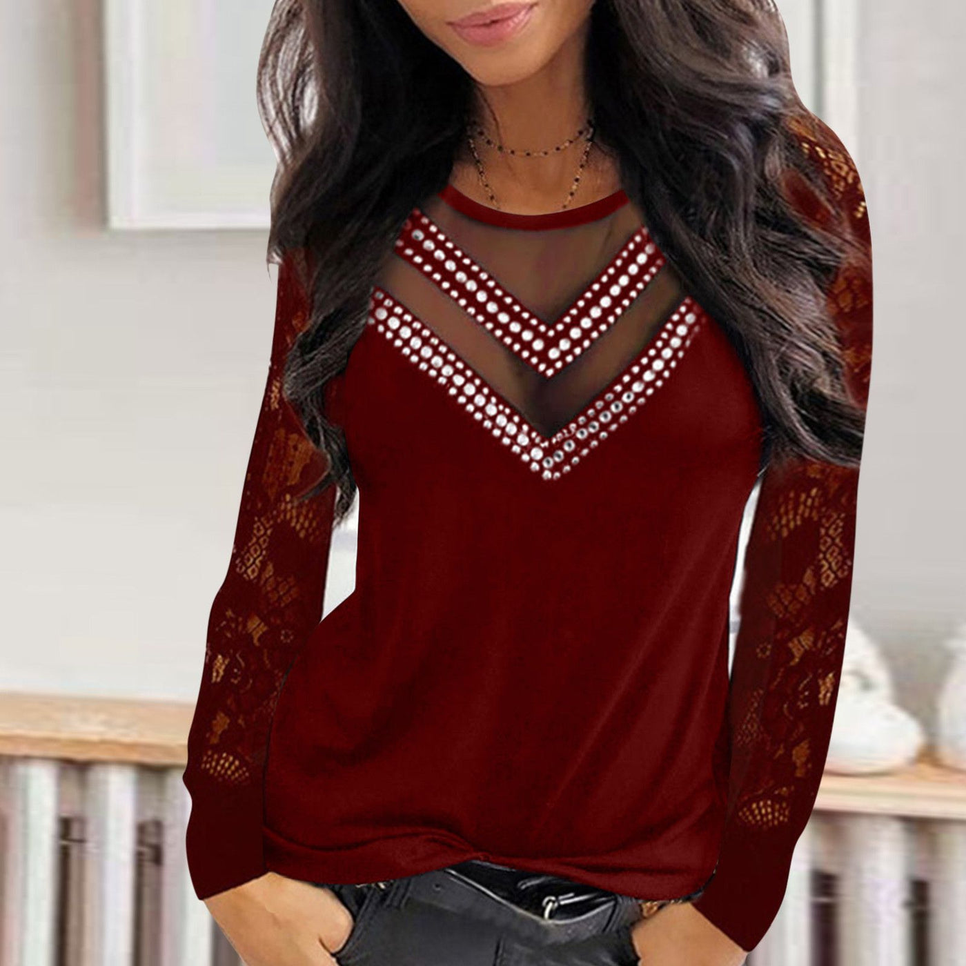 Long Sleeve Top Sexy Round Neck Mesh Stitching Hollow Beaded