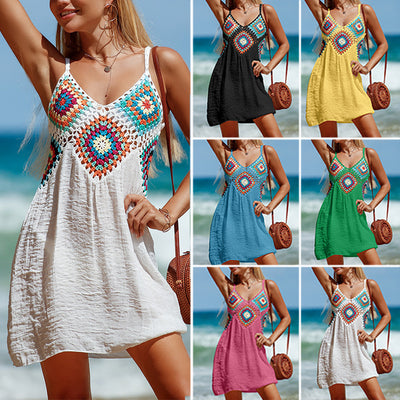 Bohemia Stitching Colorful Pattern V-neck Hollow Beach Dress