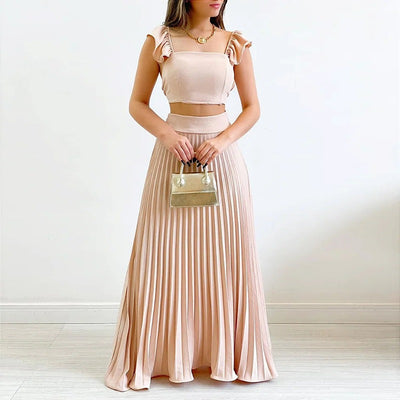 Short Tank Top High Waist Pleated Half Length Dress Fashion Casual Set