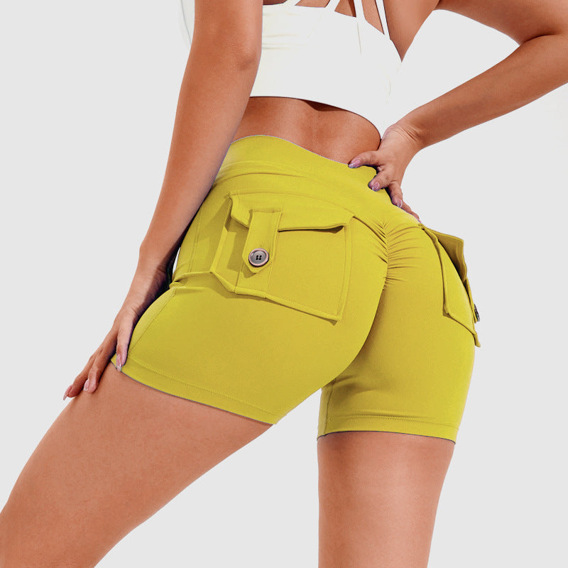 High Waist Hip Lifting Shorts With Pockets Quick Dry