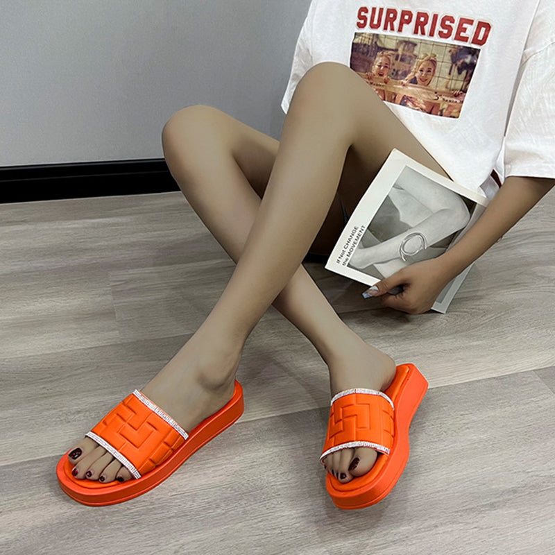 Rhinestones Slippers Women Summer Candy-color Flat Heel Shoes