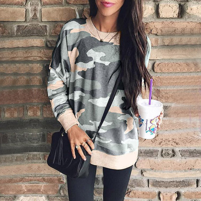 Print Round Neck Long-sleeved Blouse