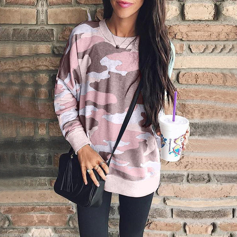 Print Round Neck Long-sleeved Blouse