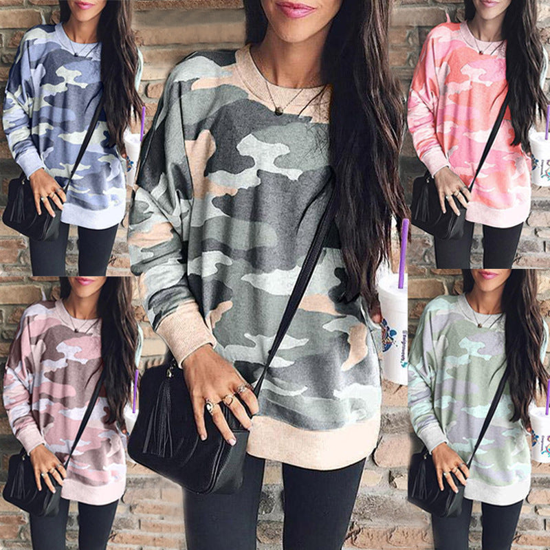 Print Round Neck Long-sleeved Blouse