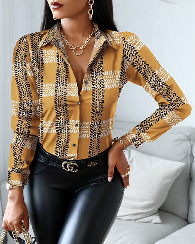 Long-sleeved V-neck Color Matching Retro Style Shirt Top